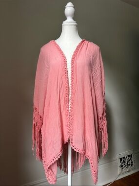FORGOTTEN GRACE Pink Sheer Crochet Fringe Boho Festival Summer‎ Shawl Large